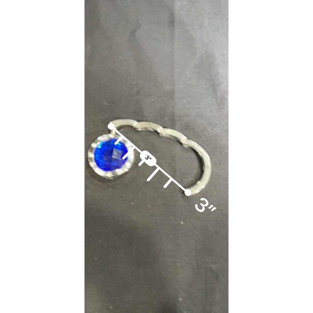 Silver Foldable Purse Hook With Blue Gem & Rhinestones - Picture 10 of 10